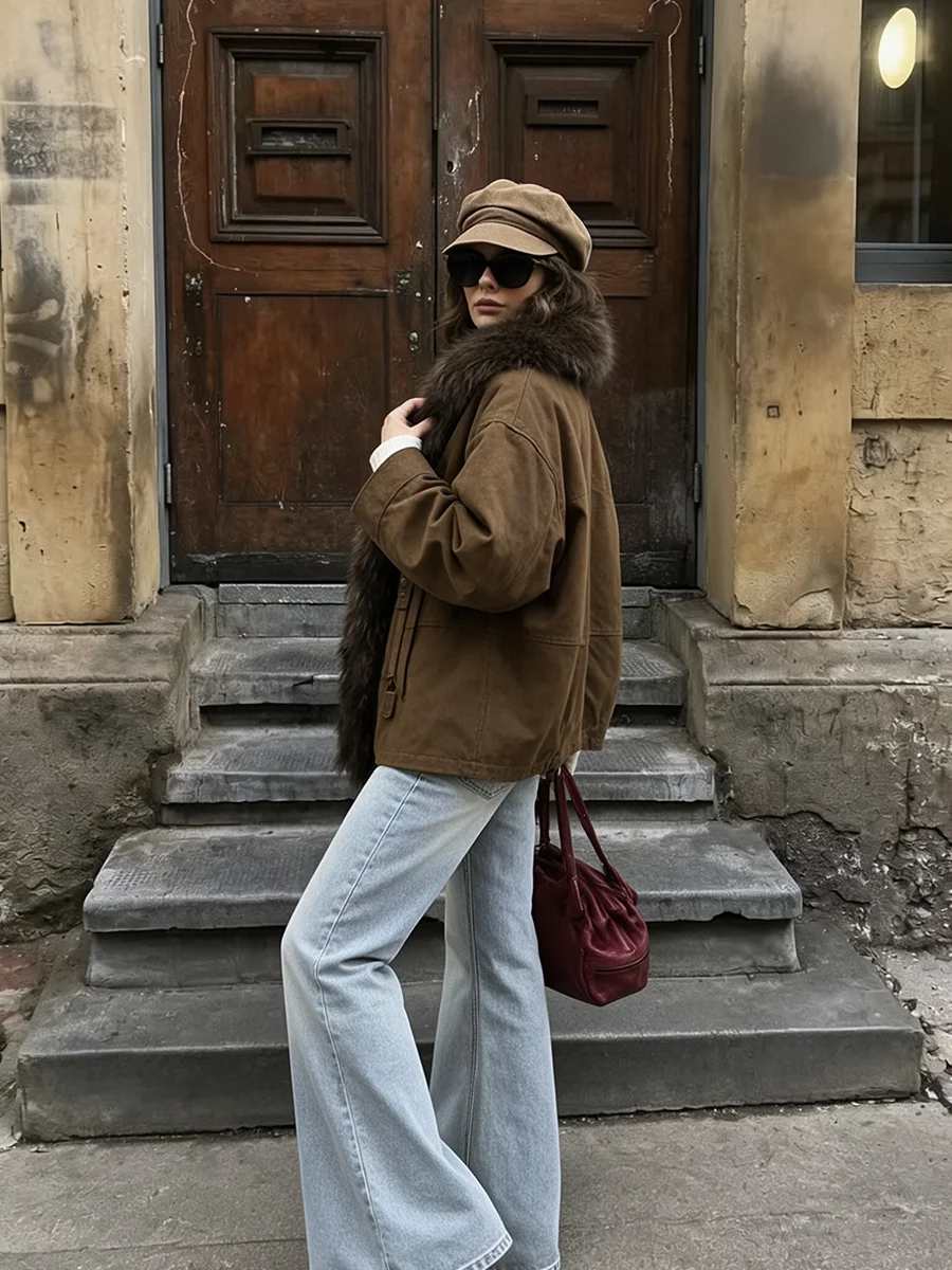 PUAL  2026 Women Faux Suede Jacket With Big Faux Fox Fur Collar, Vintage Thick Warm Winter Coat, Casual Loose Outerwear
