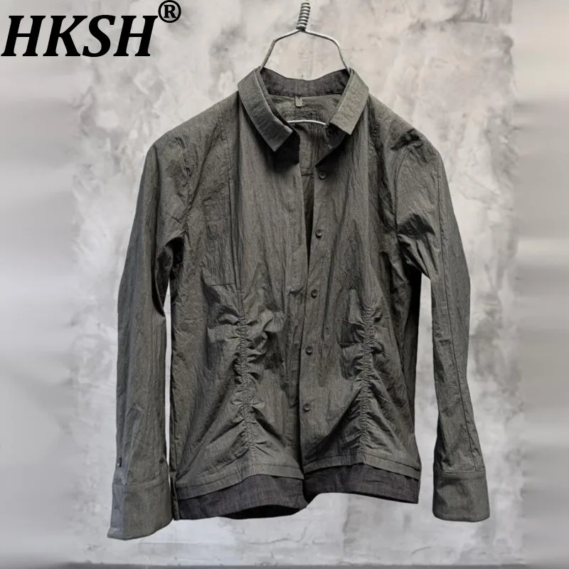 HKSH Men Tide Waste Land Niche Dark Wrinkled Square-Neck Shirt Asymmetrical Patchwork Long Sleeve Jackets Chic Ins Retro HK21335