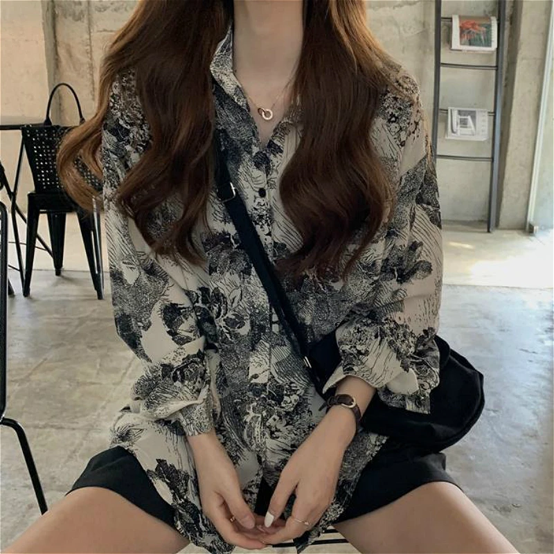 Shirts Women Vintage Chic BF High Street Harajuku Print Teens Clothes All-match Popular Casual Long Sleeve Ladies Sun-proof Top