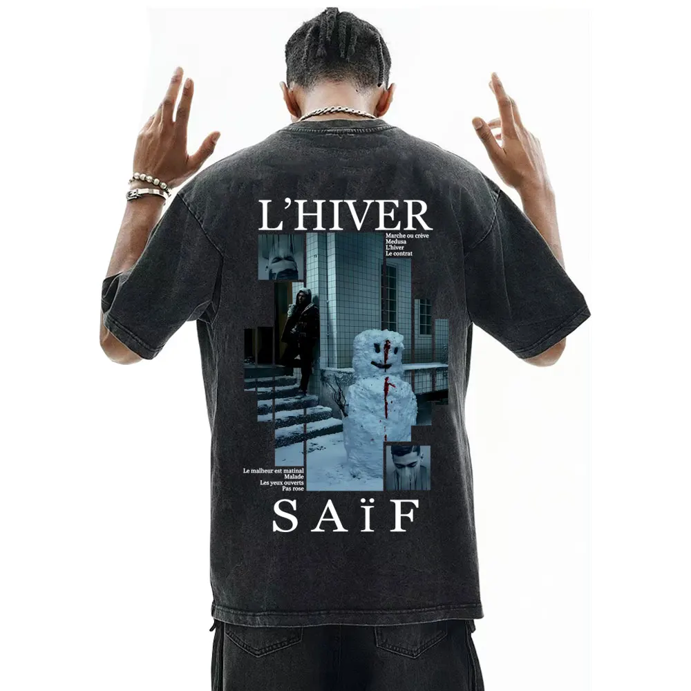 

Washed Vintage Rapper Saif L'hiver Album Graphic T-shirt Male Casual 100% Cotton T Shirts Men Hip Hop Fashion Pop Music T-shirts