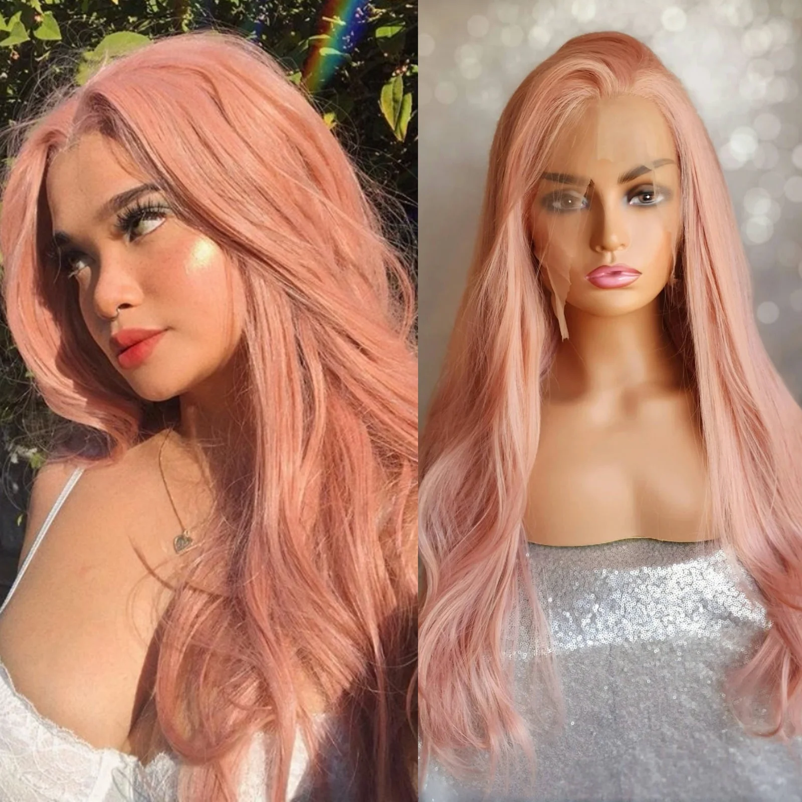 

Light Pink Wig Natural Wavy Synthetic Lace Front Wig Long Pink Hair Colored Frontal 13X4 Lace Front Wigs for Women Party Cosplay