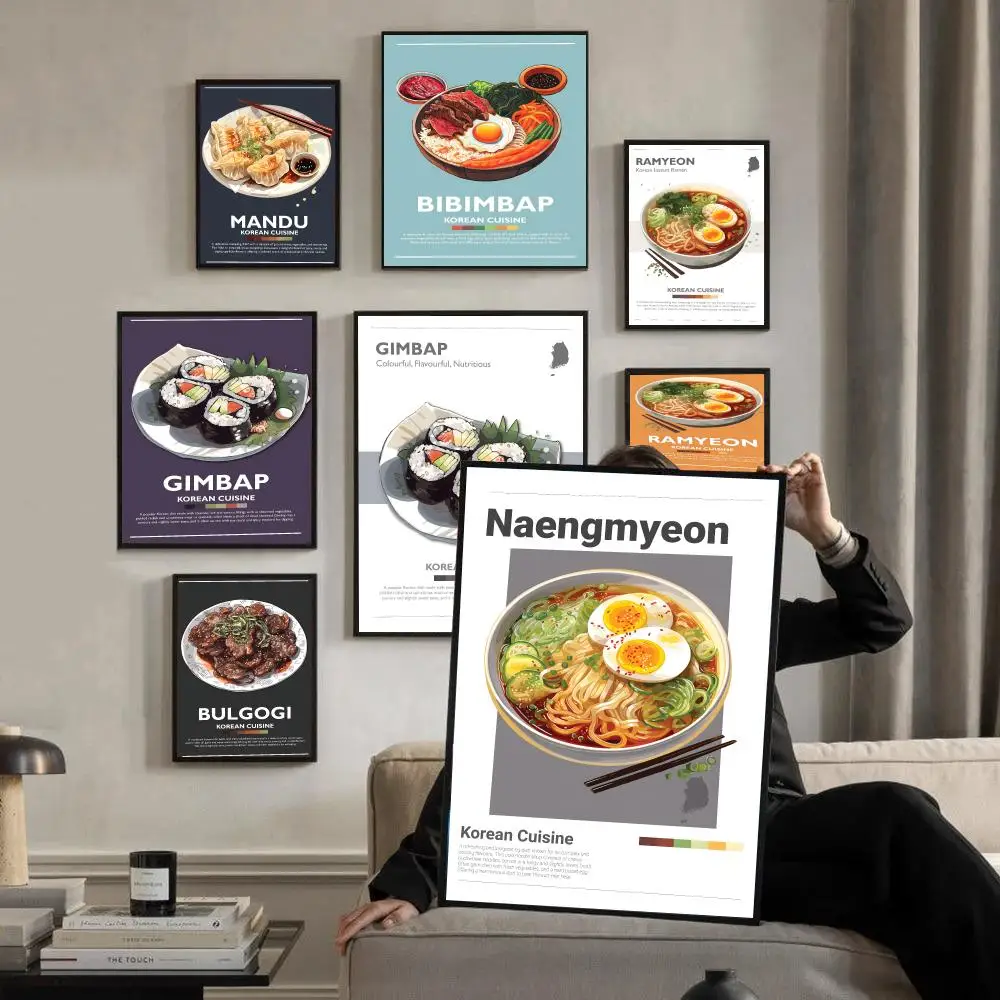 Arte Mural Adhesivo Impermeable con Caligrafía HD de Comida Coreana: Bulgogi, Bibimbap, Gimbap, Kimchi, Sundubu, Jjigae | Decoración Estética para el Hogar