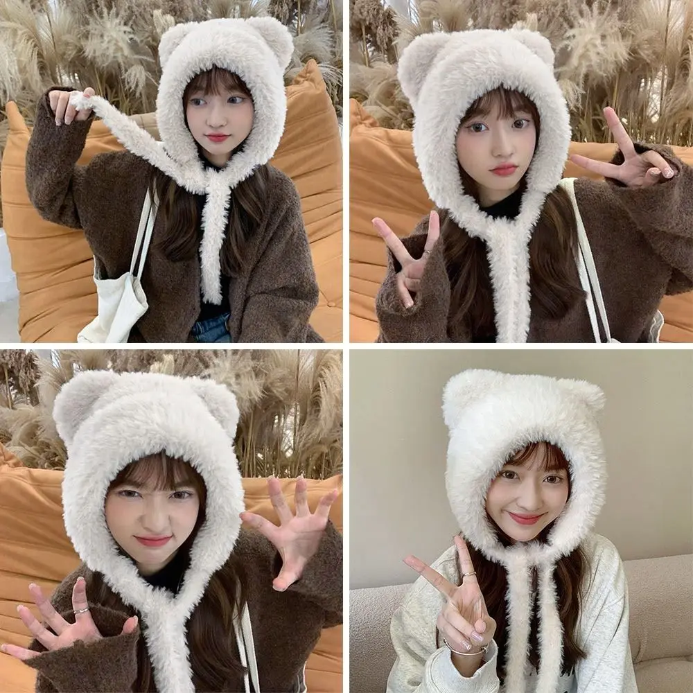 Fashion Cute Bear Ears Winter Hat Woolen Ear Protection Windproof Cap Velvet Lining Plush Bucket Hat for Women