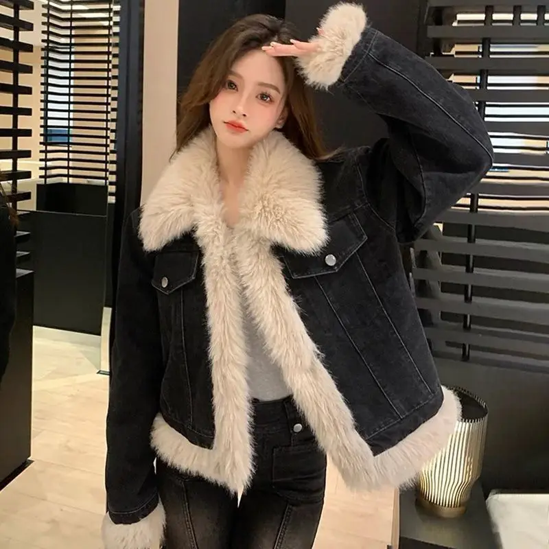 Autumn And Winter New Thickened Short Cotton-padded Jacket Woolly Denim Coat Feel Fried Street Senior Lamb Splicing Top