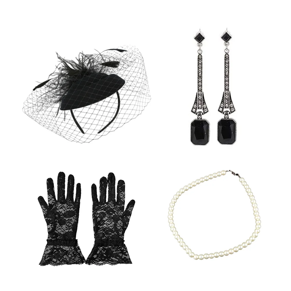 Hat Set Wedding Headwear Veil Headdress Banque Kit Famale Glove Bride Modern with Women Necklace Hairband Barrettes