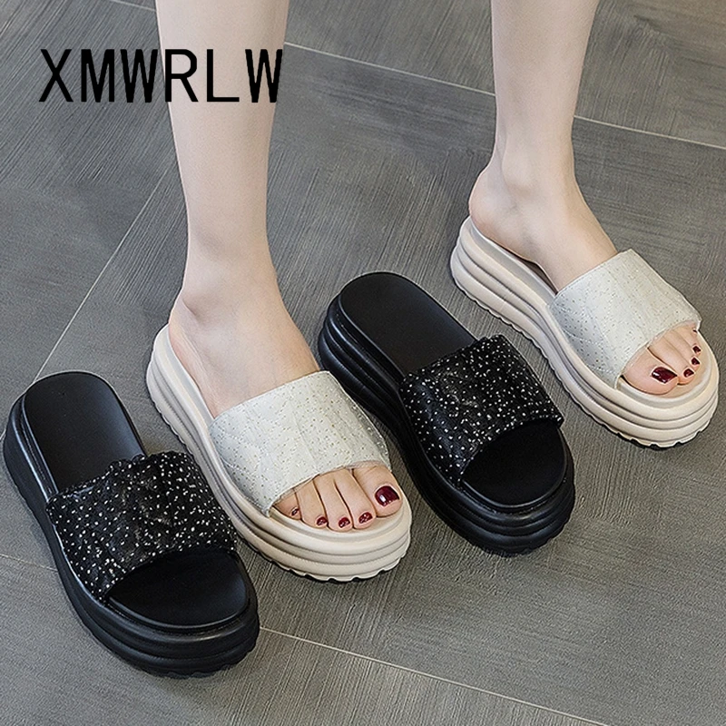 

XMWRLW Women's Slippers 2023 Summer Genuine Leather High Heels Female Summer Shoes Rubber Sole Non-Slip Women Slipper Shoes