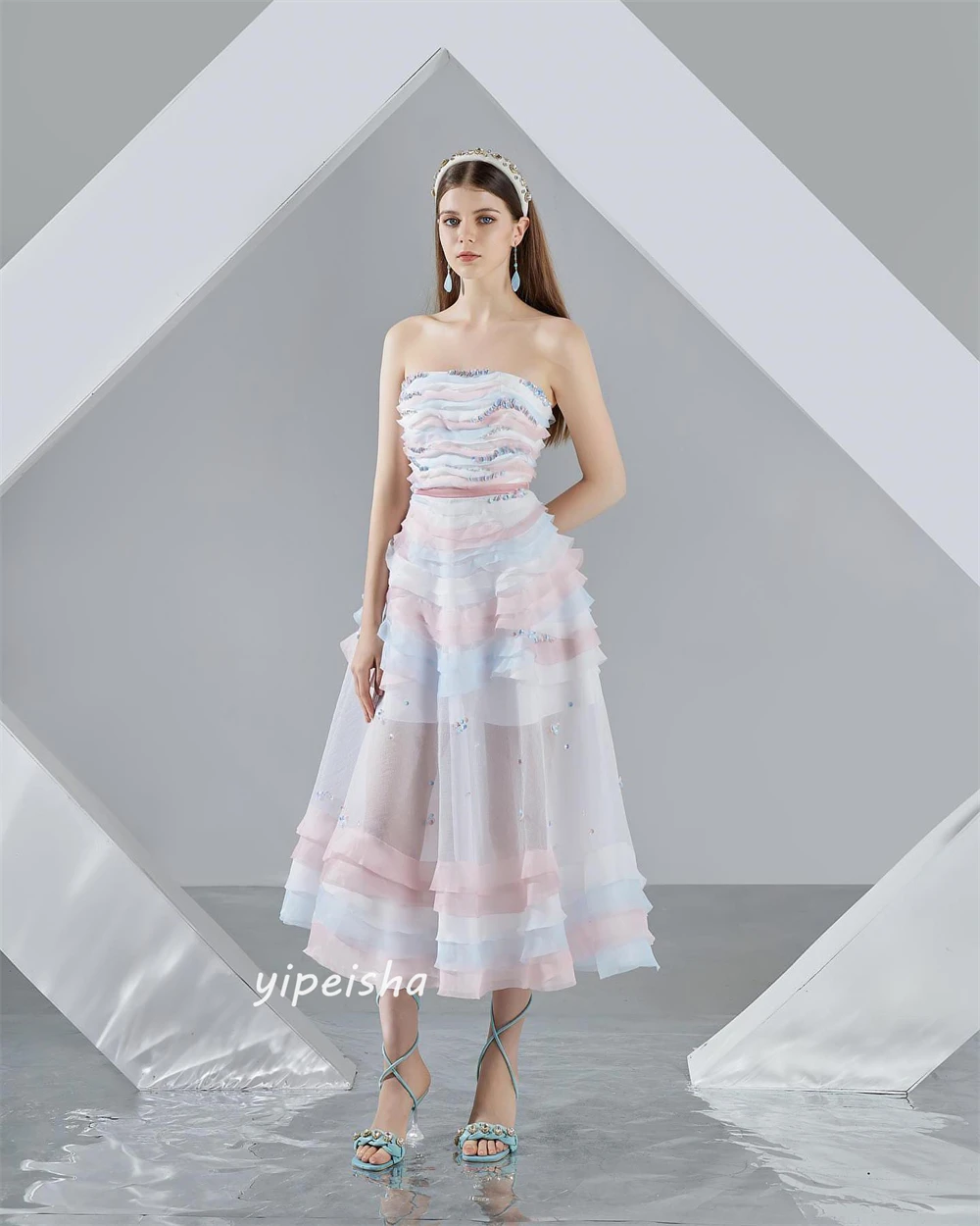 Jiayigong  Organza Tiered Draped Beading Quinceanera A-line Strapless Bespoke Occasion Gown Midi Dresses