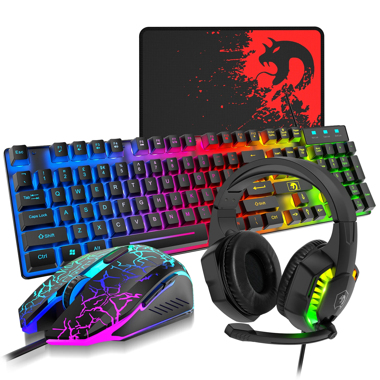 

MAMBASNAKE T11 Wired Gaming Keyboard and Mouse Headset Combo,Rainbow LED Backlit Wired Keyboard,Over Ear Headphone with Mic,Rain