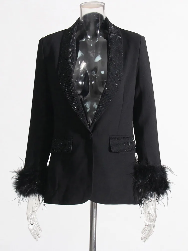 TWOTWINSTYLE Detachable Feathers Chic Blazer For Momen Shawl Collar Long Sleeve Patchwork Diamonds Temperament Blazers Female