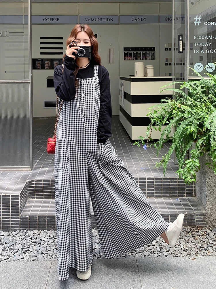 Retro Koreańskie Spodnie w Kratę z Szerokimi Nogawkami Damskie Jesienne Nowe Eleganckie Luźne Spodnie Jednoczęściowe z Wysokim Stanem Długie Spodnie