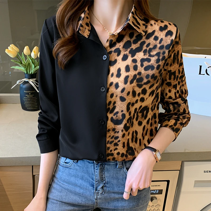 Fashion Leopard Contrast Stitching Ladies Shirts Blouses Casual Women Tops Female Woman Button Up Shirt Girl Long Sleeve Blouse