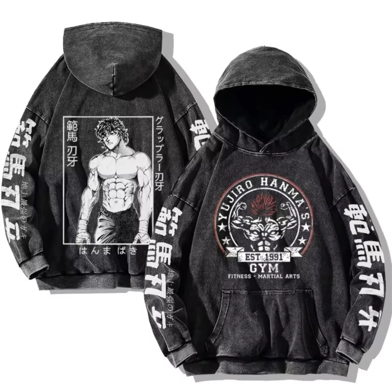 Baki Hanma Hoodie Trendi Antik Pria Wanita Bertudung Gambar Cetak Anime Kaus Katun Dicuci Ukuran Besar Pakaian Jalanan Uniseks Harajuku