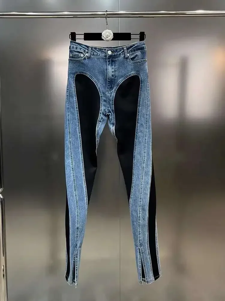 

NEw Fashion Designer Color Block Women's Jeans Slim Deconstruct Panelled Patchwork High Waist Split Blue Long Denim Pants Autumn