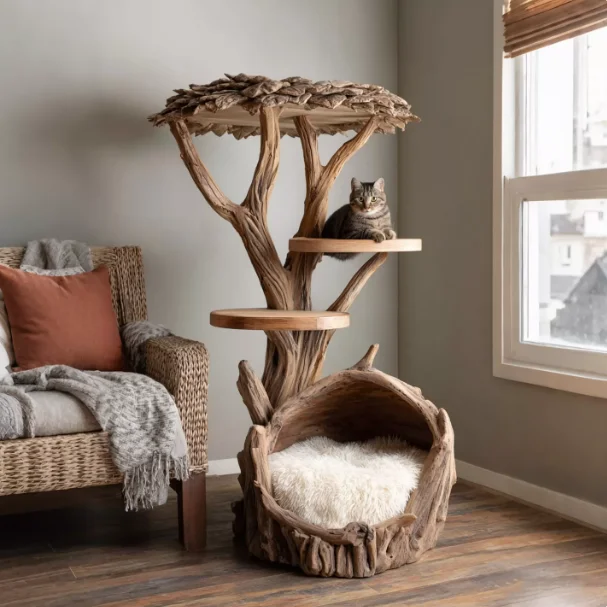 Solid Wood Luxury Cat Tree All-in-One Climbing Frame Space-Saving Large Cats Multi-Layer Jumping Platform Tree Hole