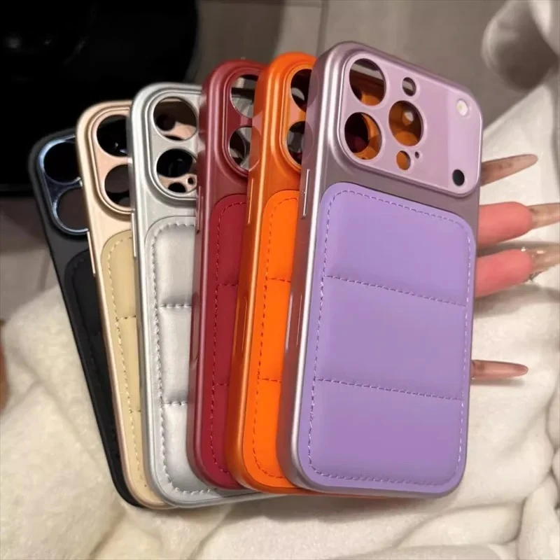 Fashion Wave Puffer Down Jacket Case For iPhone  Air 16 15 14 13 17 18 Pro Max PC Camera Protect Metallic Paint Shockproof Cover