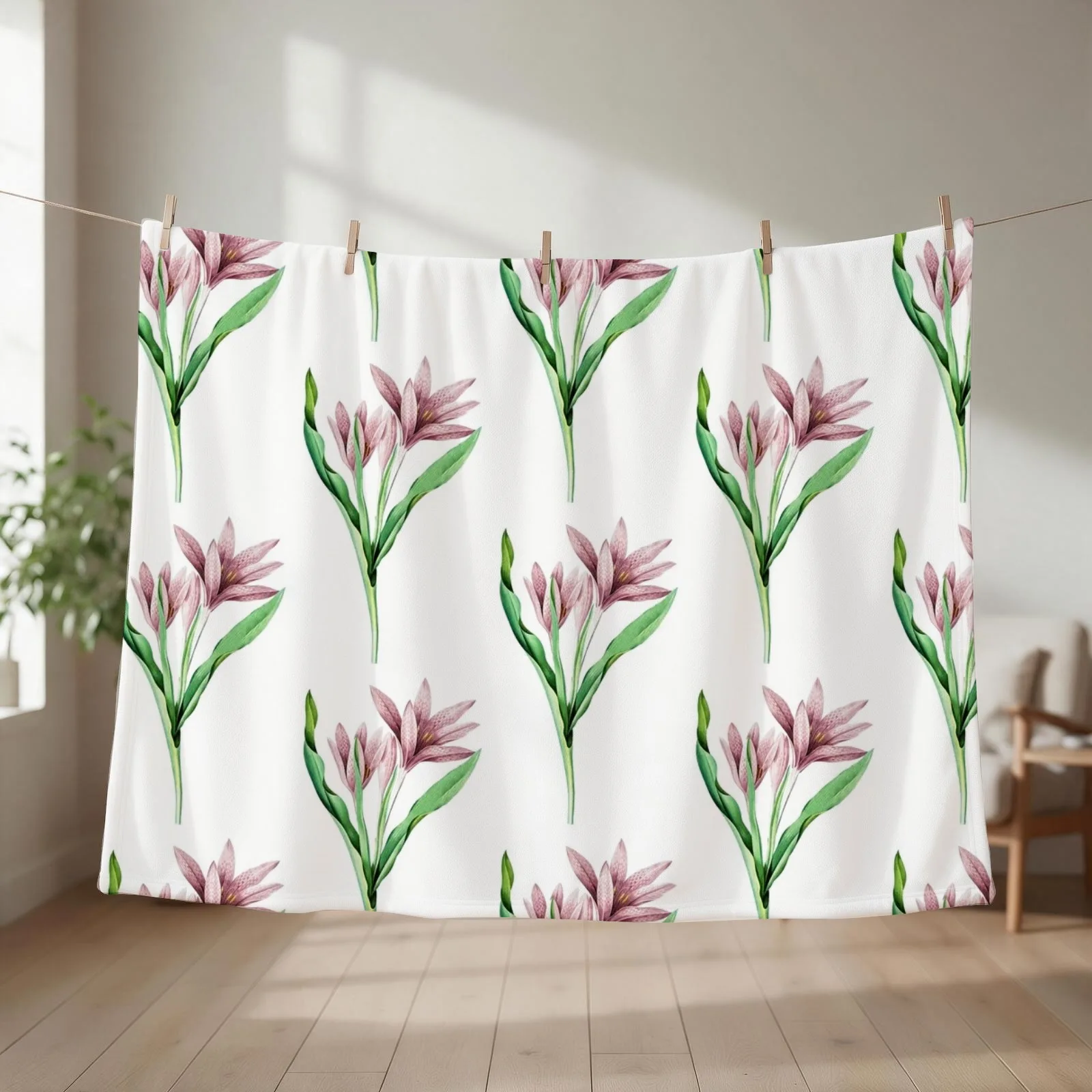 Vintage Autumn Crocus Hand Drawn Flower Illustration Throw Blanket couch cozy soft plush fuzzy picnic outdoor blanket