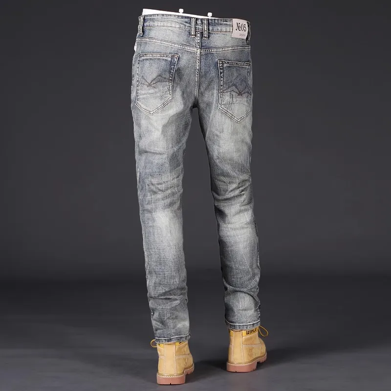 Fashion Designer Men Jeans High Quality Retro Washed Blue Stretch Slim Fit Ripped Jeans Men Vintage Casual Denim Pants Hombre