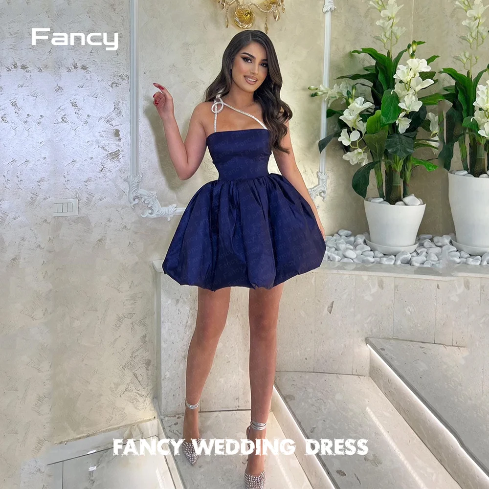 

Fancy Strapless Blue Evening Dress A Line Sleeveless Ball Gown Saudi Arabia Mini Satin Formal Occasion Dresses Custom Made