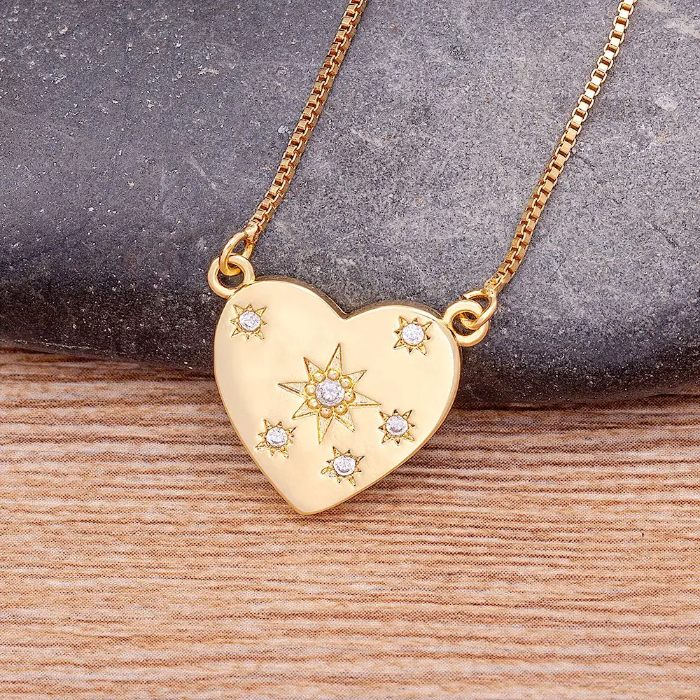 Nidin 4 Styles Trendy Fine Gold Color Heart Shaped Chain Pendant Necklace Temperament Jewelry Shiny Zircon Crystal Wedding Gift