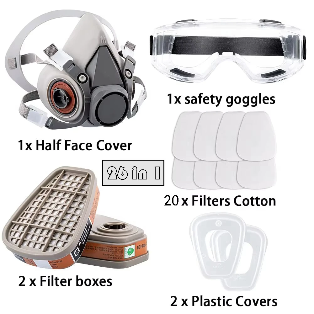 26in1 6200 Half Face Gas Mask Respirator with Anti-Fog Safety Glasses Multi-Filter Protection for Painting And Welding