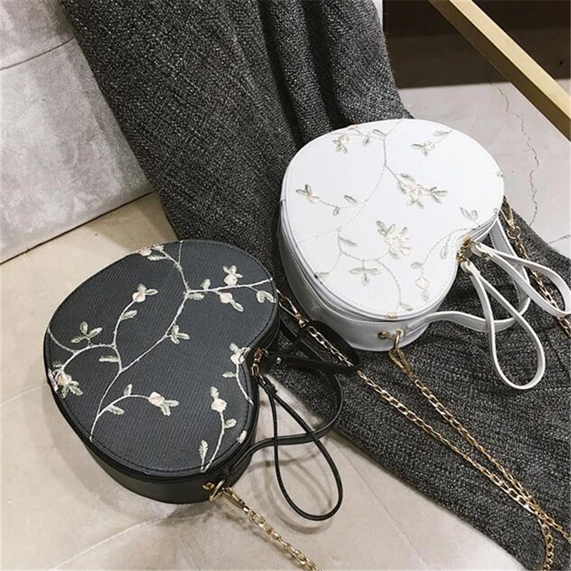 Female Sweet Lace Heart Round Handbags High Quality PU Leather Cross Body Bags for Women Small Fresh Flower Chain Shoulder Bags