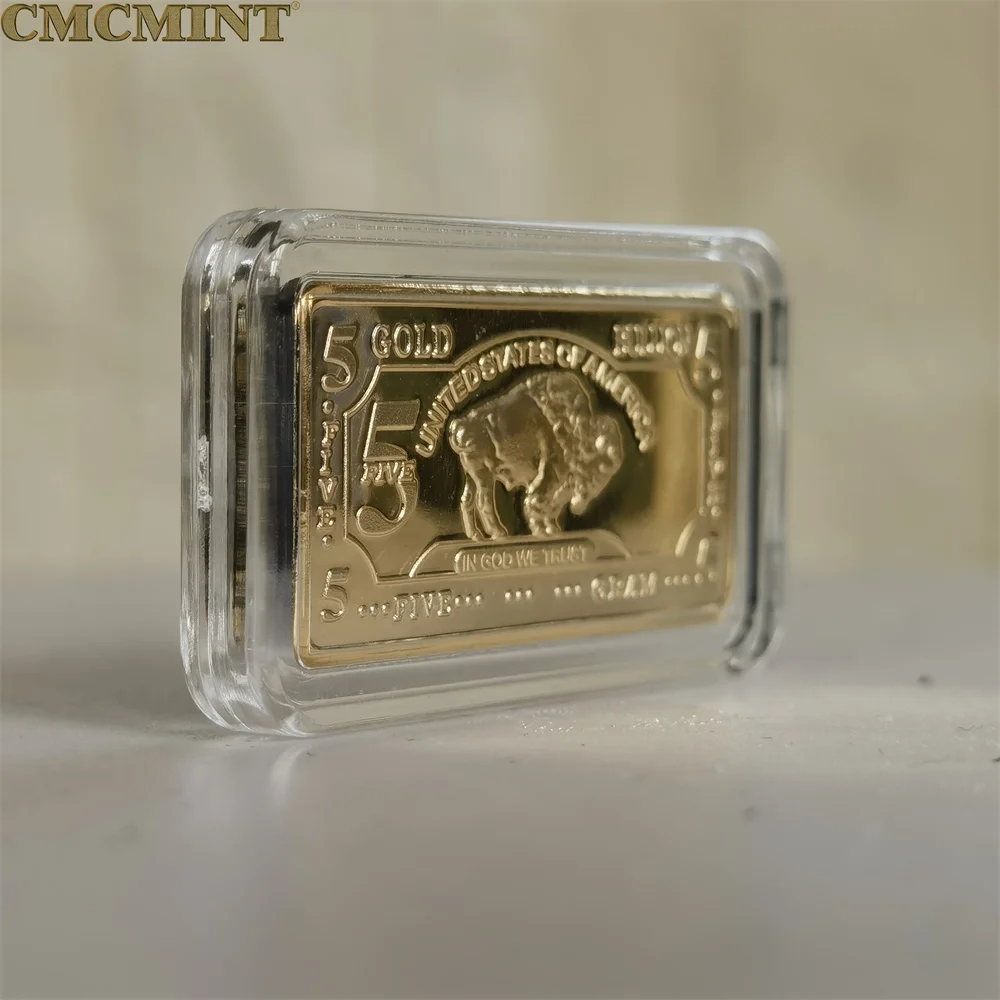 5 Gram 100 Mills Gold Buffalo  Bar Gold Coin With Clear Acrylic Display Case