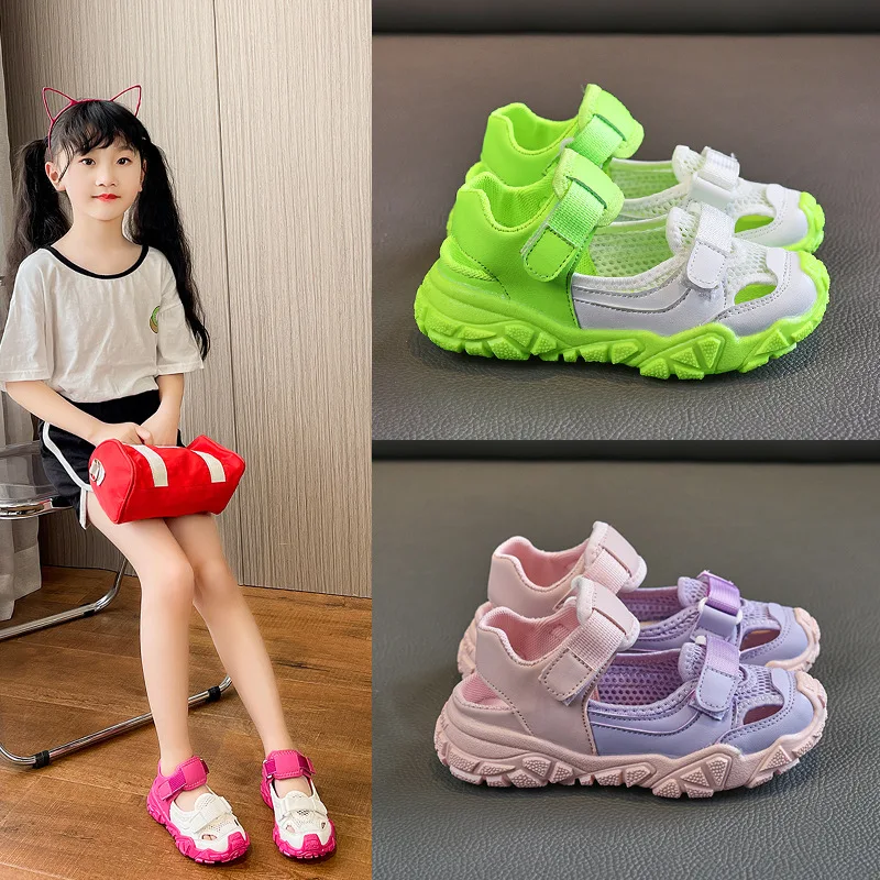 Girls Sport Sandals Kids Fashion 2022 New Summer Mesh Assorted Breathable Hollow Beach Shoes Children Hook & Loop Girls Sneakers