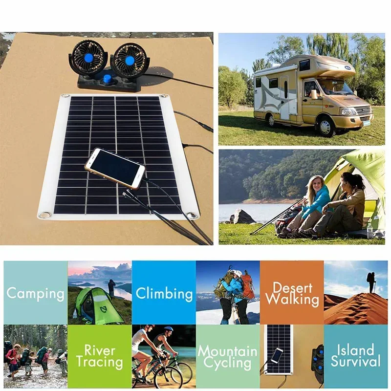 Kit completo para el hogar con sistema de energía solar, ideal para acampar al aire libre, con doble salida de 10 W, panel solar flexible y controlador para cargar baterías de coche o yate.