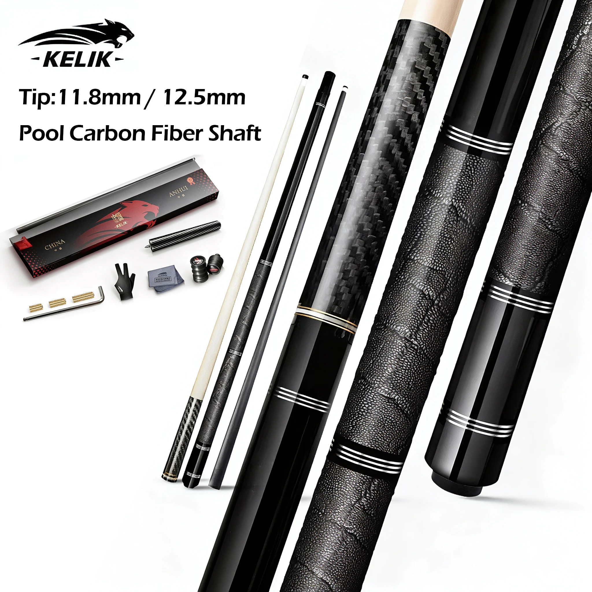 KELIK Professional Pool Carbon Fiber Cue 12.5mm with Extension Set Dual Shaft Billiard Cue Diamond Inlay 2-Piece