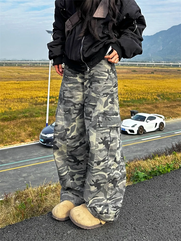 Large Side Pockets Women's Camouflage Casual Pants Cool Girl Street Bottoms Curved Wide Leg Female Unisex Loose Y2K Trousers