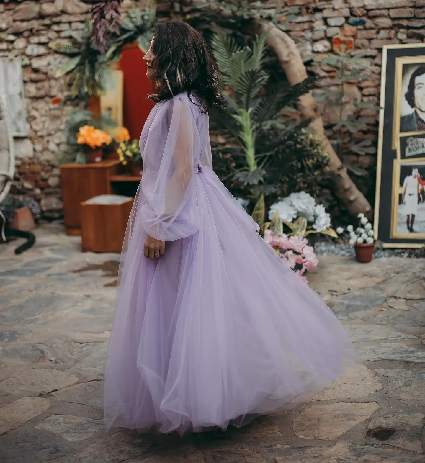 ชุดเดรสออกงานสำหรับหญิงตั้งครรภ์ผ้าทูลสีม่วง สำหรับถ่ายภาพ ชุดคลุมเจ้าสาวแขนยาวเซ็กซี่ ชุดราตรี ชุดนอน สั่งตัดได้