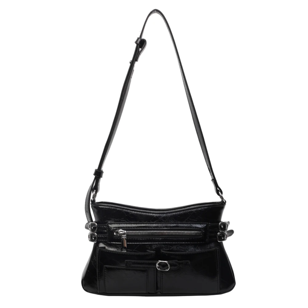 

Women PU Fashion Shoulder Bag Large Capacity Travel Tote Bag Zipper Closure Punk Sling Bag Adjustable Strap Simple Satchel Bag