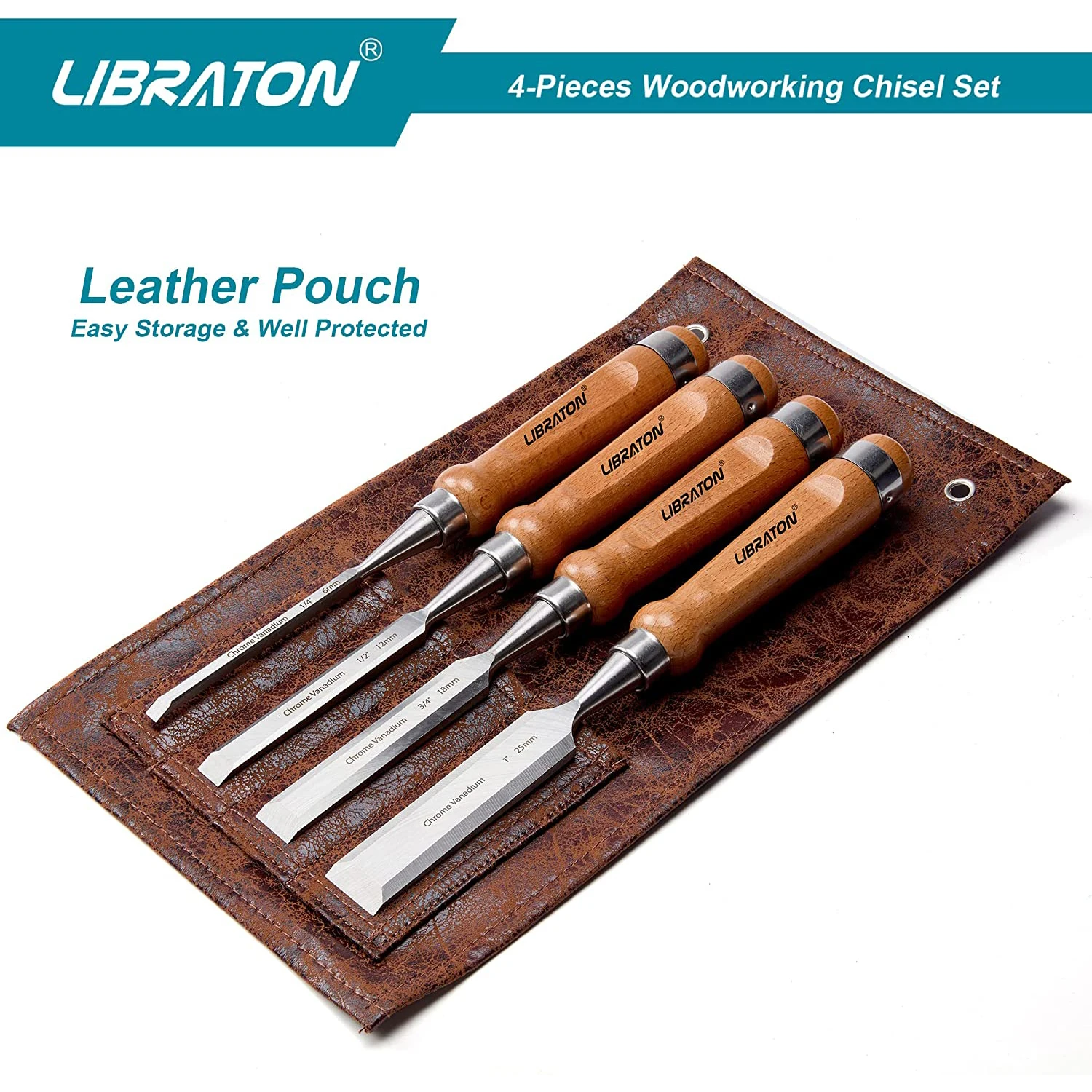 Libraton 4pcs Wood Chisels Set, Woodworking Chisel Set Cr-V,Professional Chisels with Leather Pouch for Carpenter,Hand Tools