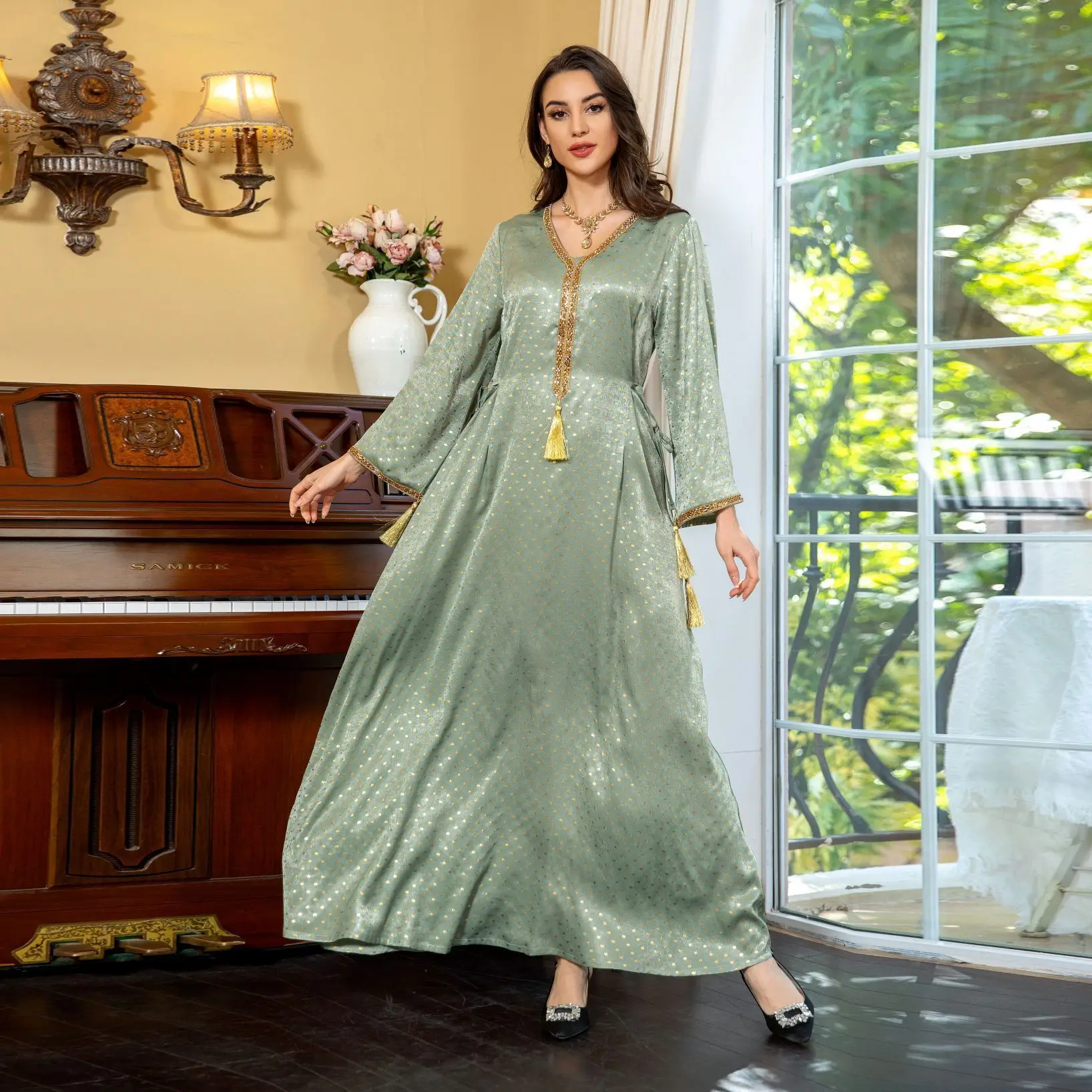 AB380 Muslim 2024 Spring Fashion Ethnic Women's Wear Suede Hot Stamped Diamond Dress with Waist Rope