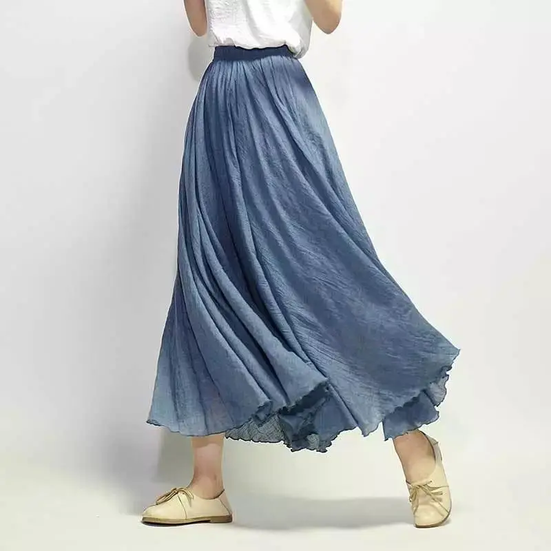 Women's Elegant High Waist Linen Maxi Skirt Summer Ladies Casual Elastic Waist 2 Layers Skirts saia feminina P2