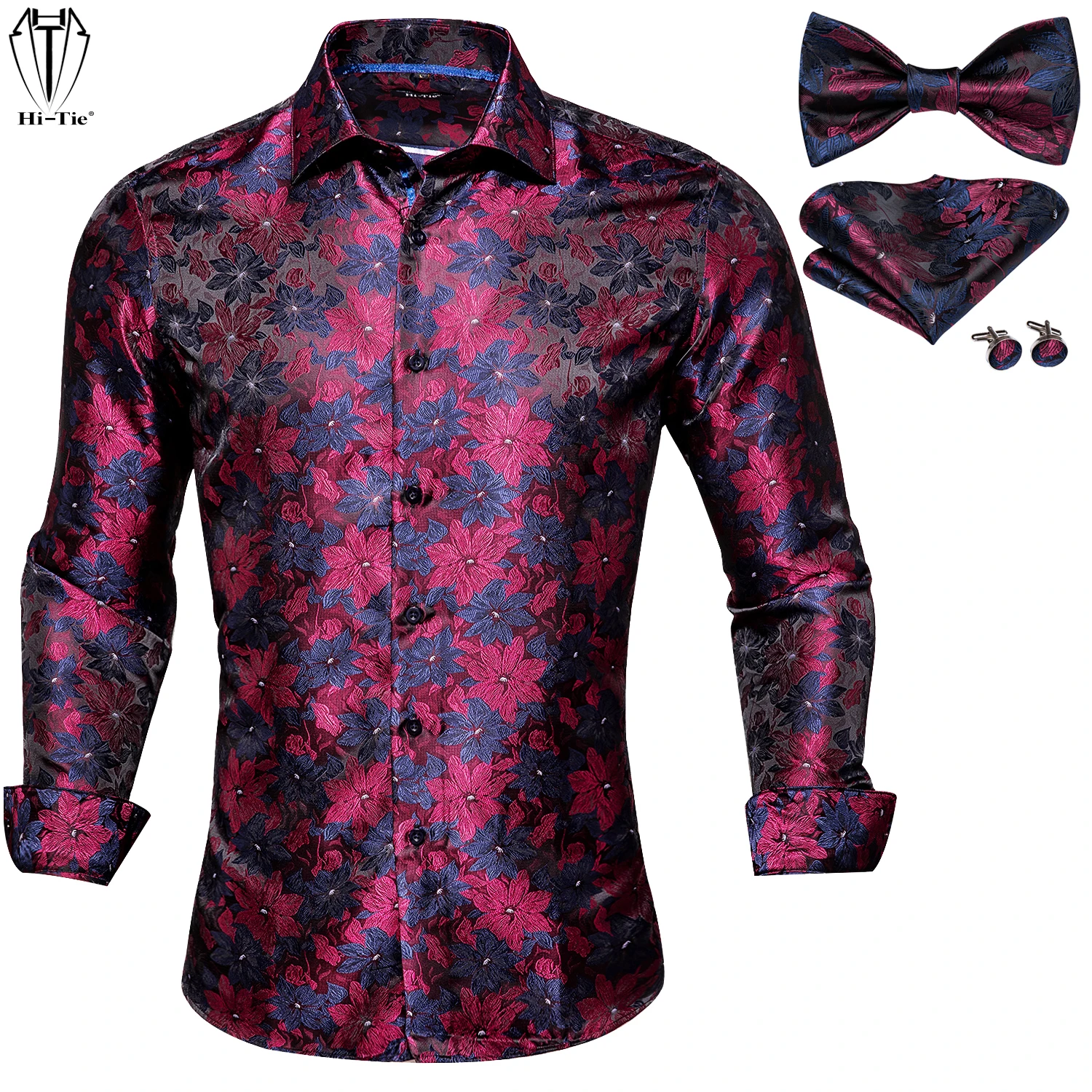 

Hi-Tie Jacquard Silk Men's Shirts Bow tie Set Luxury Paisley Floral Long Sleeve Shirt Bowtie Hankerchief Cufflinks For Men Gift