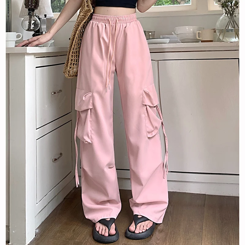 2025 Ins Fashion Lady High Waist Trousers Girls Streetwear Loose Fit Cargo Pants Women Korean Solid Color Wide Leg Pants