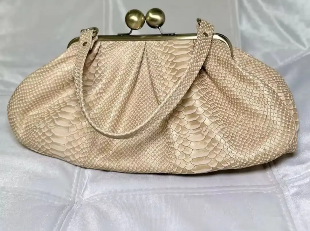 LOST IN VINTAGE Artificial Snake Leather Bag Balls Bronze Kiss-lock Antique Frame Serpentine Evening Clutch Puffy 35x20x10cm