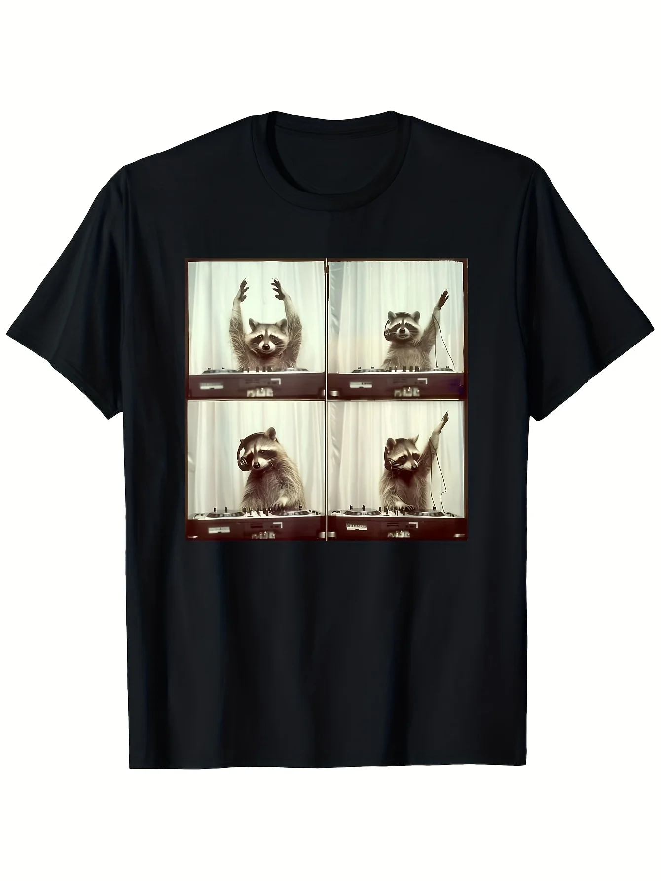 Top Pick Local Men'S Relaxed Fit T-Shirt Black EDM Festival Graphic Tee with 4-Panel Dancing Raccoon & Party Harder Text, Music Lover Shirt Rave & Casual Attire, Breathable Casual Style