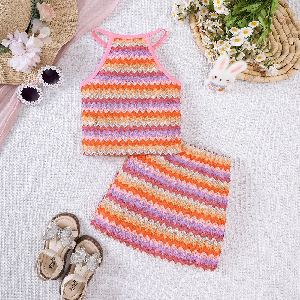 Girls' summer new ethnic style hanging neck top+short skirt two-piece casual set