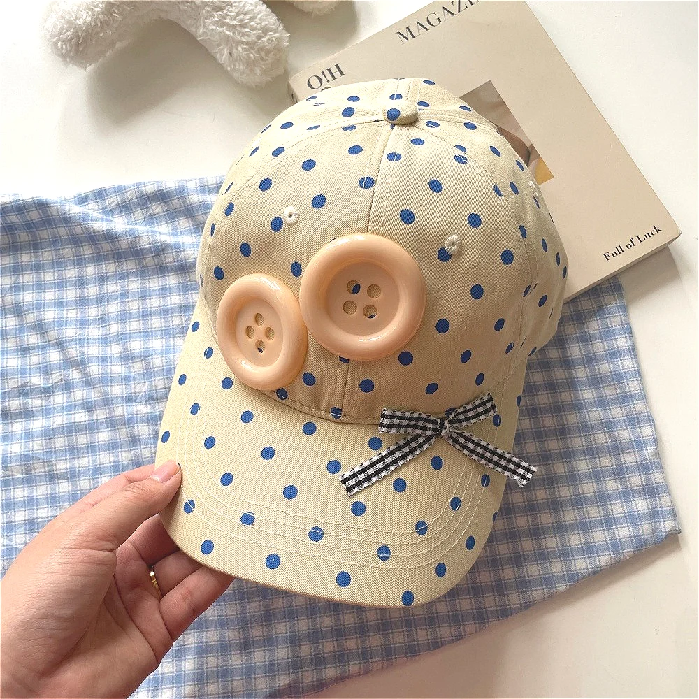 Y2K Subcultural Cream Style Large Button Polka Dot Baseball Cap Cute Eye-Catching Polka Dot Bow Decoration Duckbill Cap