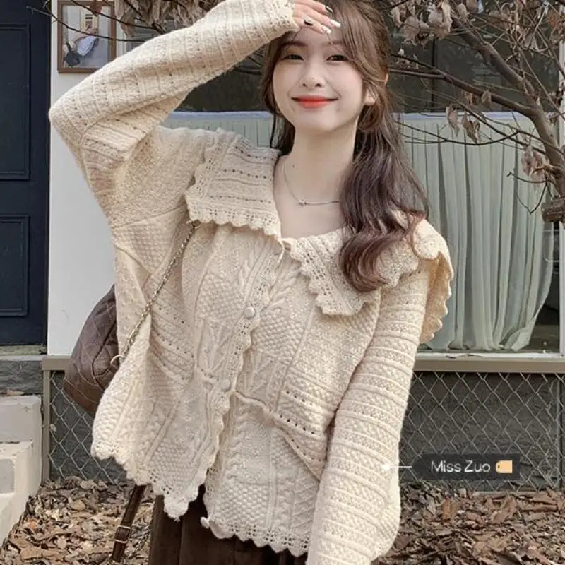 Sweet Girl Korean Style Knitted Cardigan Spring Autumn New Style Girl Gentle Doll Collar Cute Coat Tops Comfortable Versatile