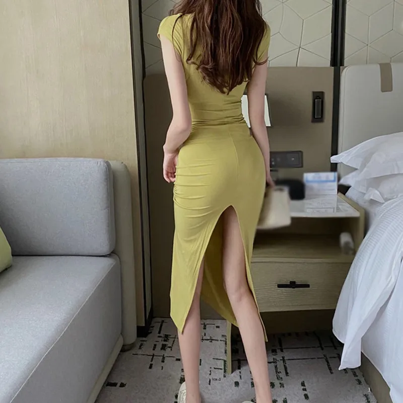 Sexy Side Slit Dress for Women Tight-fitting Wrap Hip Over-the-knee Short Sleeved Street Bodycon Dresses