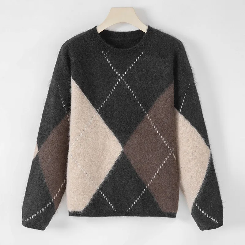 

Осень-зима, новый винтажный меландовый свитер из % мелоносовой шерсти, женский свободный пуловер с круглым вырезом, вязаный с длинным рукавом