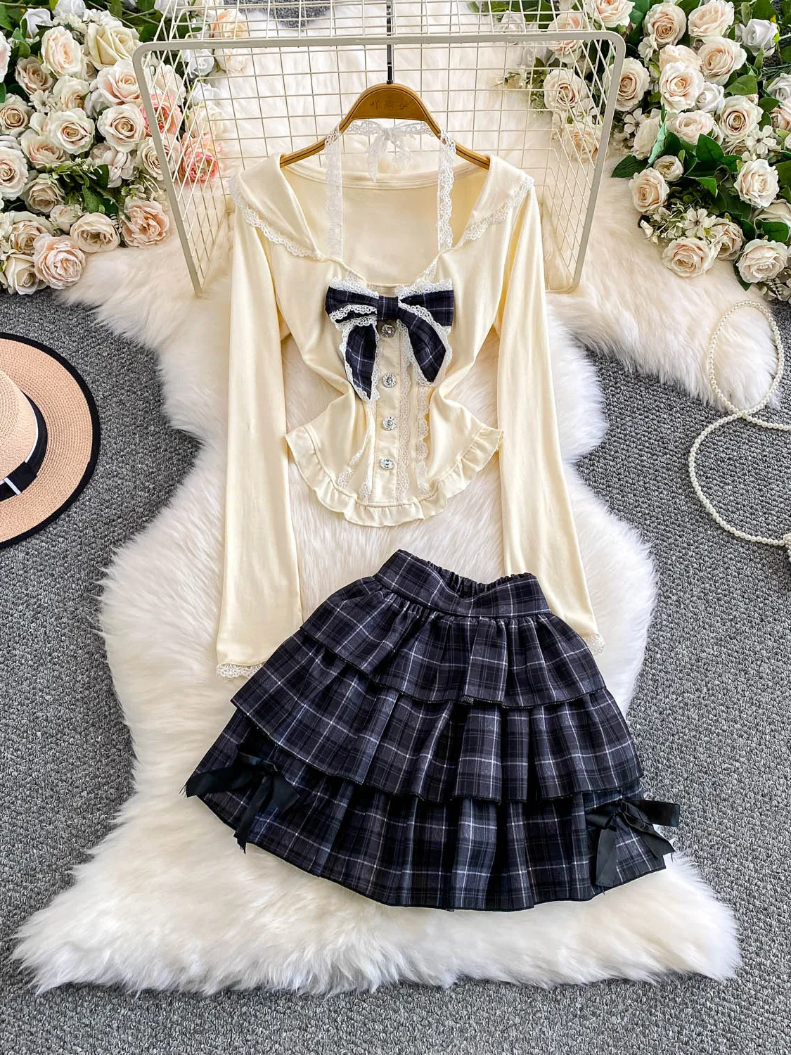 

Pure Desire, сексуальная кружевная футболка с нежным милым узлом, топ и клетчатая юбка-тортик, комплект из двух предметов, женская мода