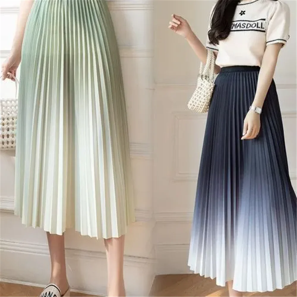 

Y2k New Elegant Chic Gradient Color Pleated Skirt Women Spring Fall Drape A-line Mid-length Skirt Female Korean Style High Waist