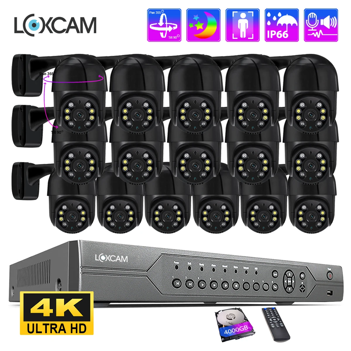 LOXCAM 16CH 4K PTZ Security Camera System 5MP Ai Auto Track 8MP Human Detect Outdoor Two Way Audio CCTV Video Surveillance Kit