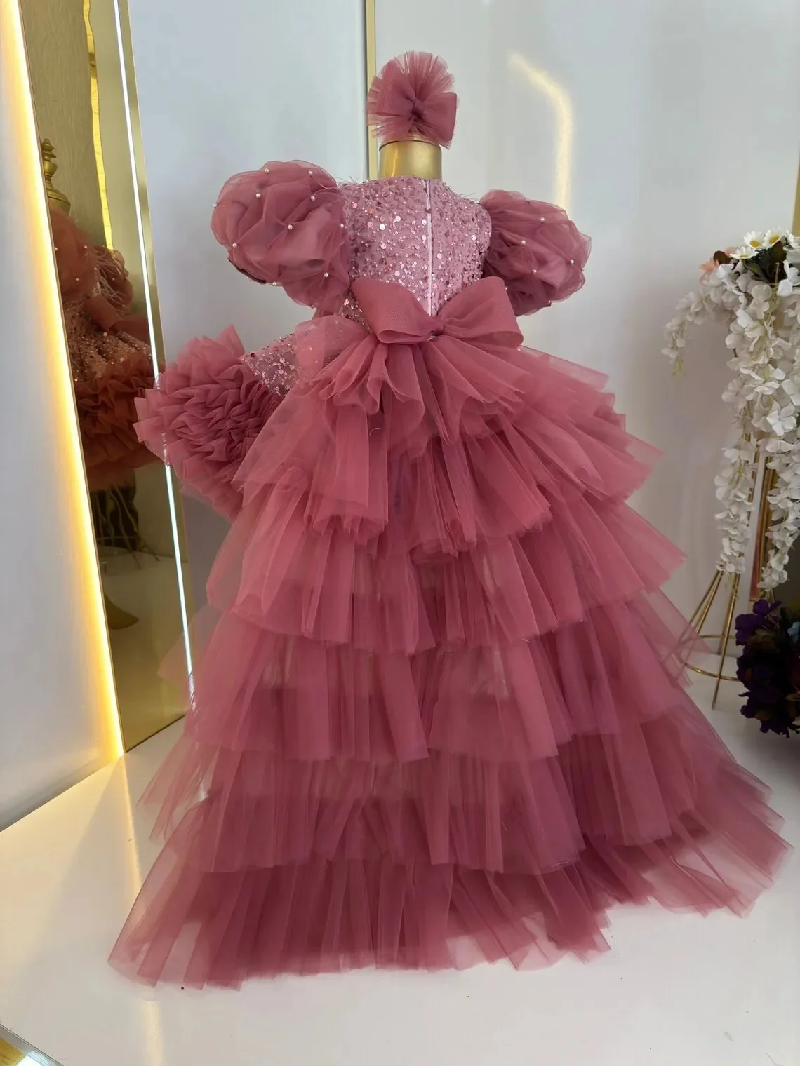 Customized Pink Flower Girl Dresses For Wedding Sequins With Bow Short Sleeves Kids Birthday Party First Communion Ball Gown