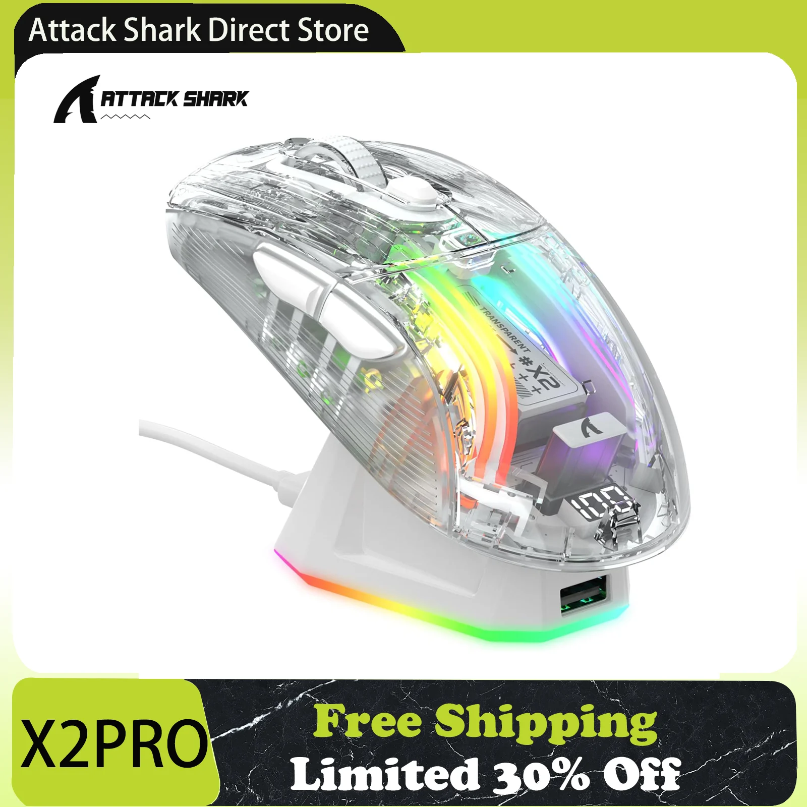 

Трехрежимная игровая мышь ATTACK SHARK X2 Pro с зарядной док-станцией RGB, прозрачный корпус, PixArt 3212, до 4000 DPI, RGB подсветка