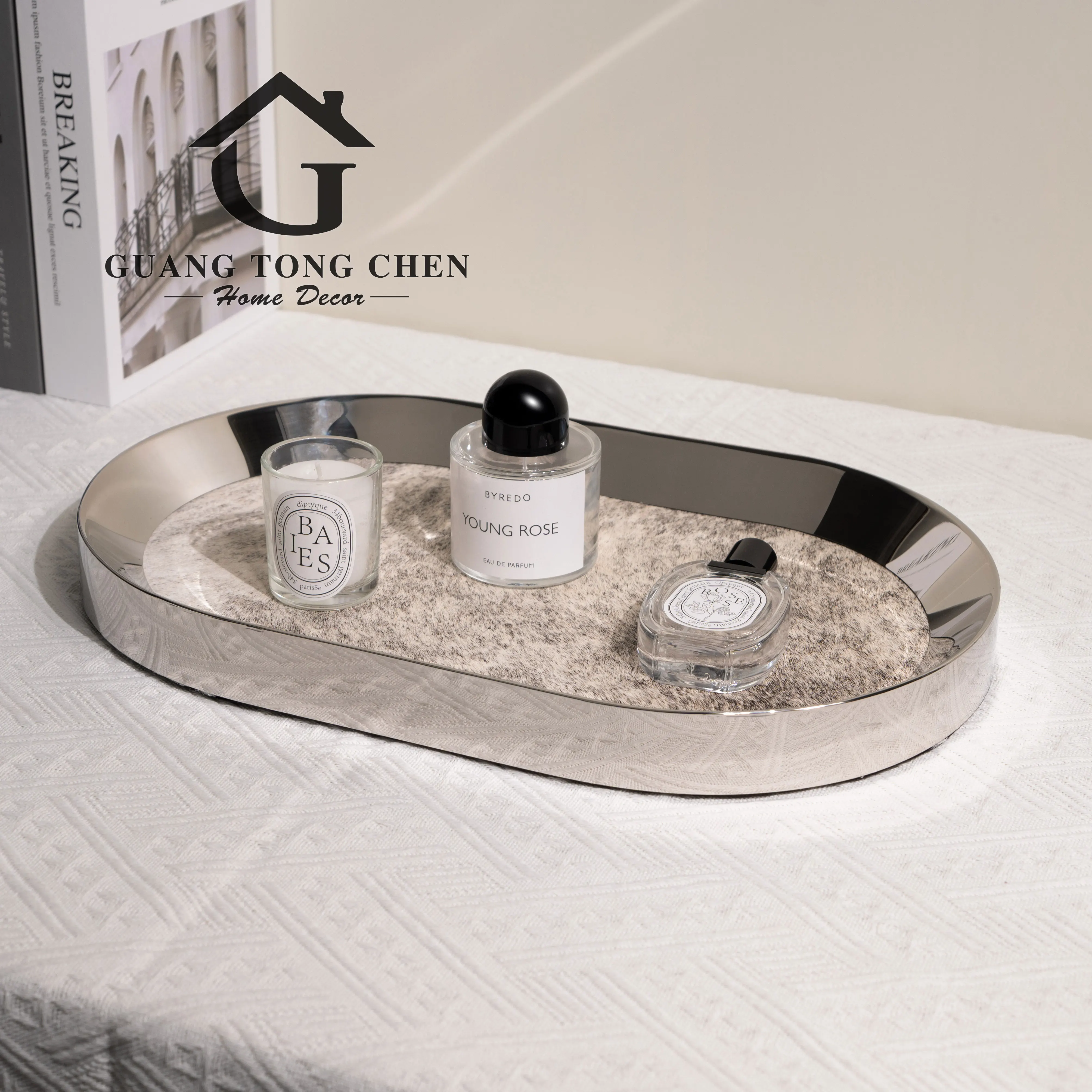 Most Popular Customised Home Hotel Decor Light Luxury Horsehair Metal Tray Elliptical Storage Tray